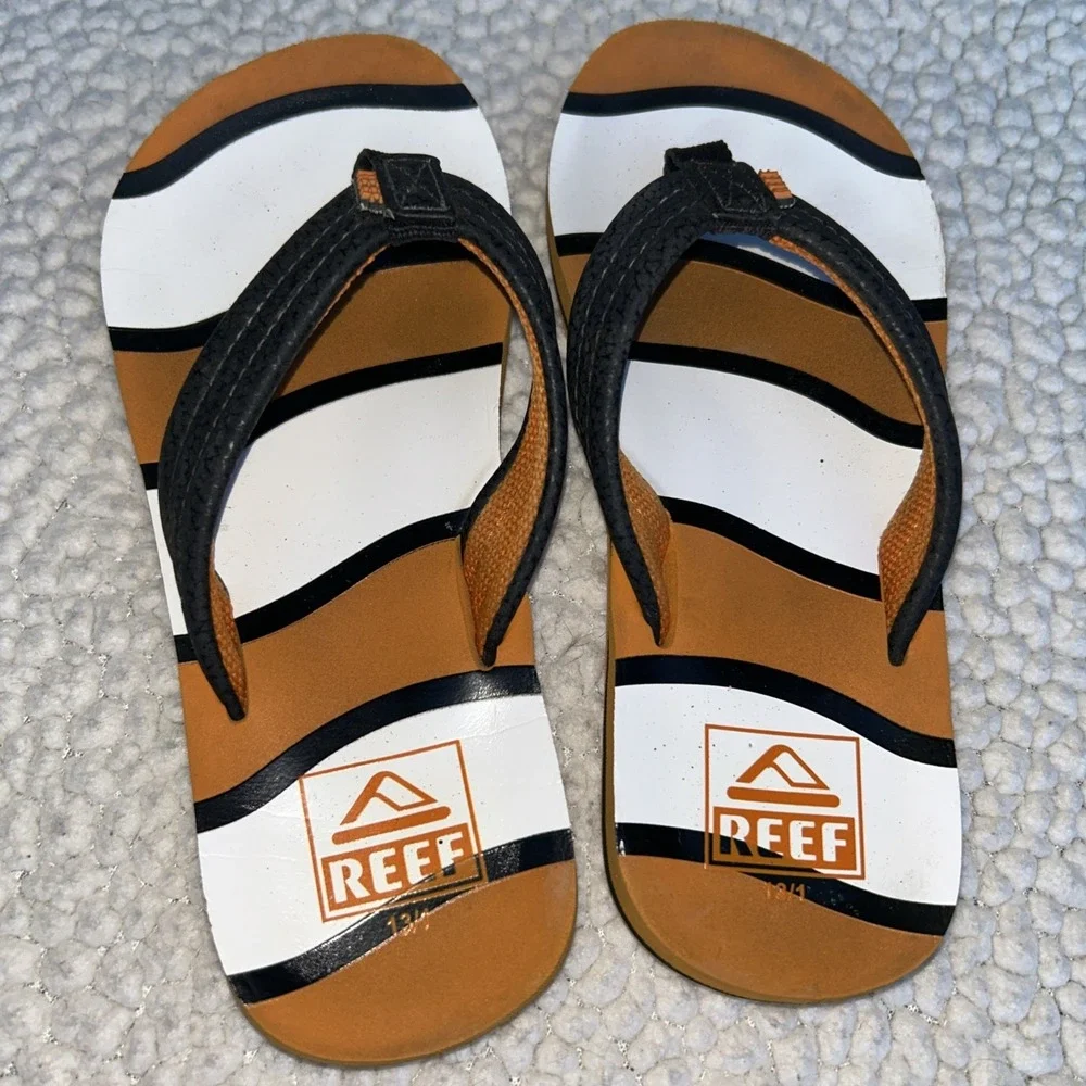 Reef Kids‎ Flip Flops Orange White Black Striped Thong Sandals Size 13/1